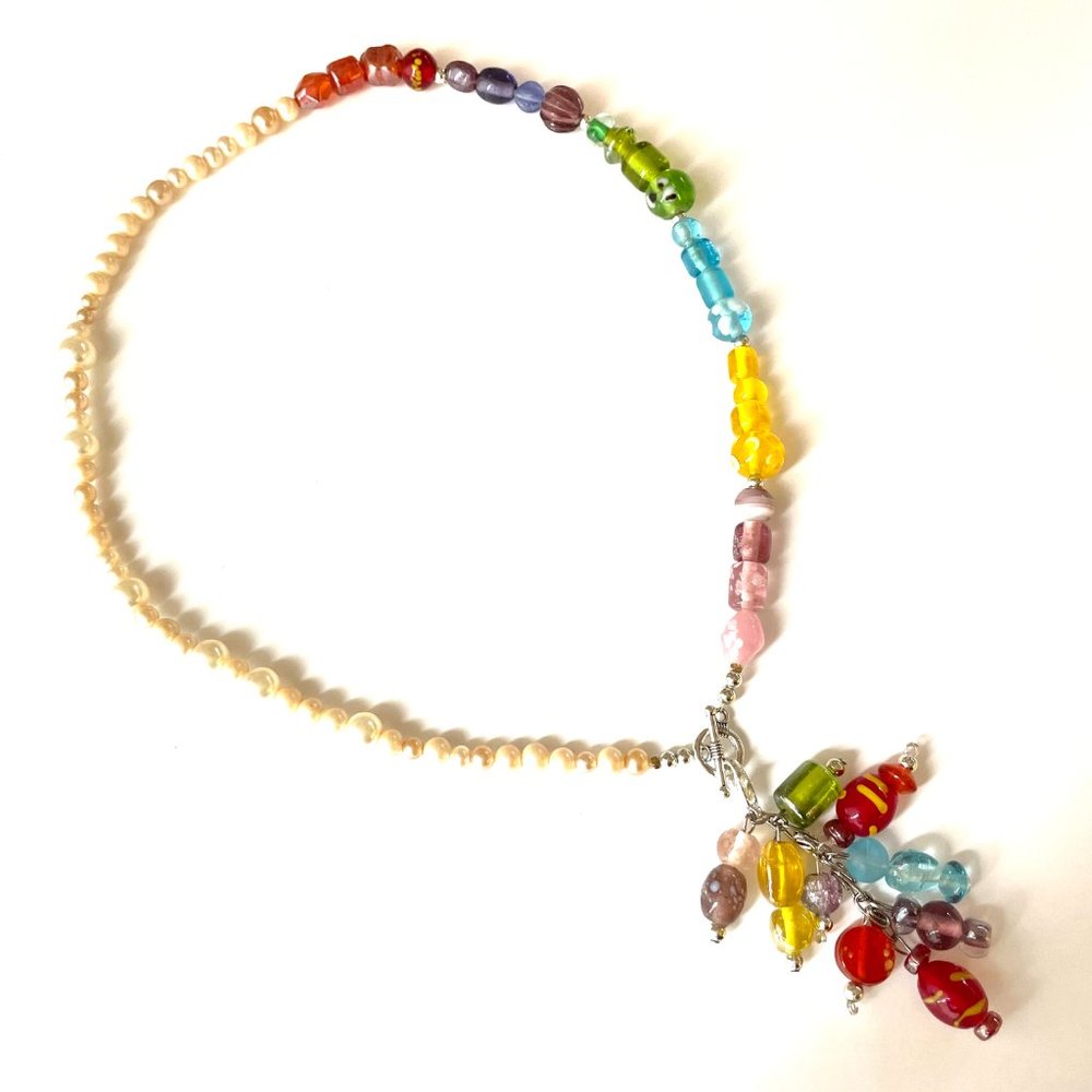 "Candy Summer I" Pearls Glass Necklace Silver Toggle Clamp by Patricia Adelson